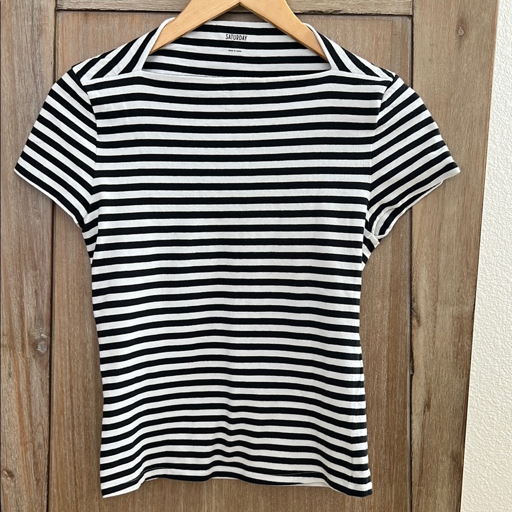 Kate Spade Saturday Black and White Striped Women Boat Squared Neck Tee Top